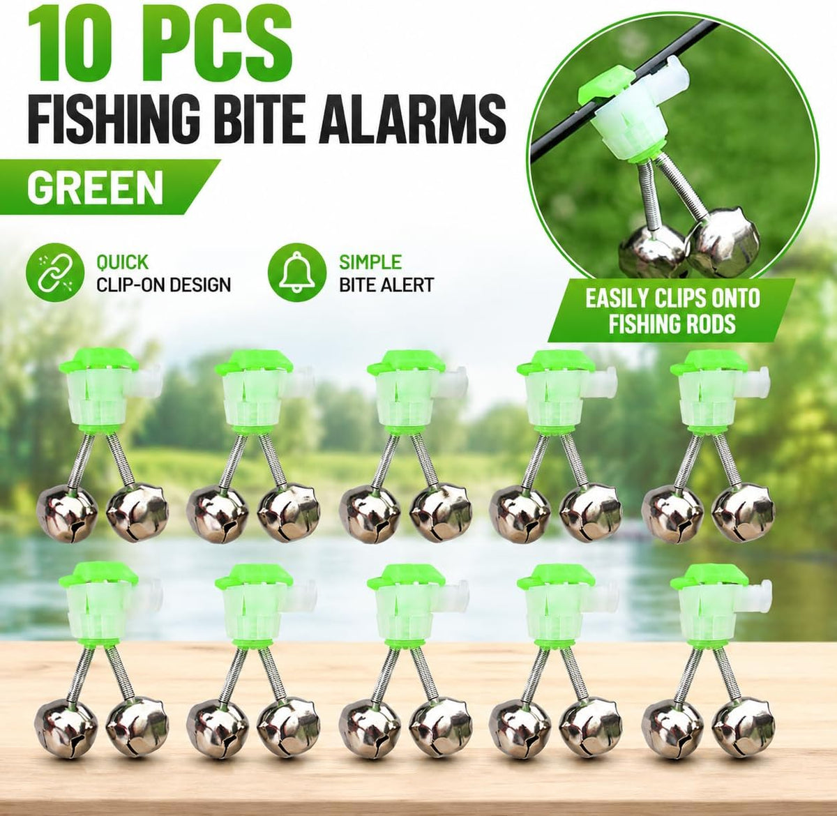 Accessoire de pêche de Nuit Pointe de Canne à lumière LED Anneau de Poisson Morsure Double Cloches résistant à l'eau Vert Argent 10 Paquets