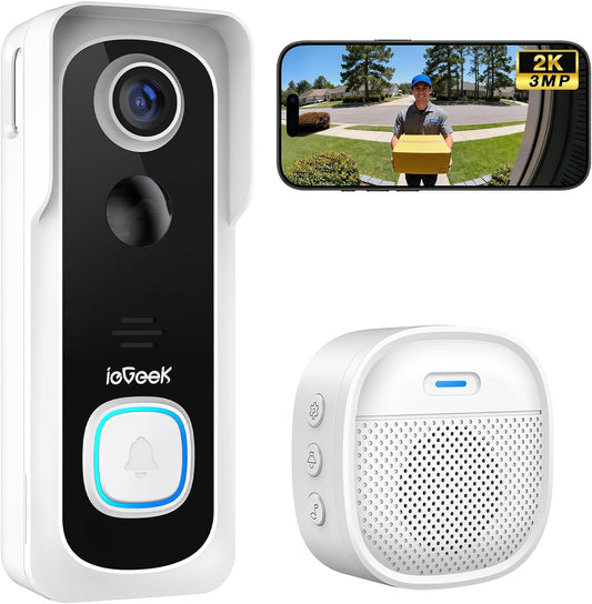 ieGeek 2K Sonnette sans Fil Exterieur Etanche, Sonnette Vidéo avec Caméra Compatible Alexa, Install Facile, Détection IA, IP66 Étanche,Vision Nocturne, Stockage Cloud, WiFi 2,4 GHz Uniquement (Blanc)