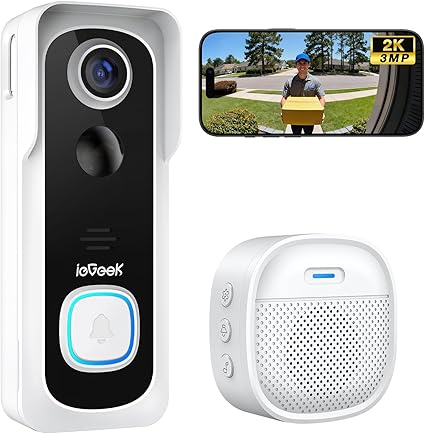 ieGeek 2K Sonnette sans Fil Exterieur Etanche, Sonnette Vidéo avec Caméra Compatible Alexa, Install Facile, Détection IA, IP66 Étanche,Vision Nocturne, Stockage Cloud, WiFi 2,4 GHz Uniquement (Blanc)