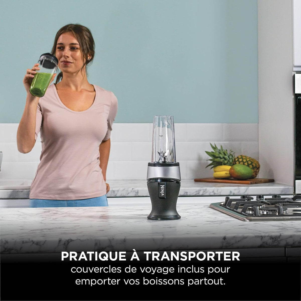 Ninja 700W Mixeur Slim et Smoothie Maker, 2x 470ml gobelets avec couvercles à bec, mixeur personnel, écrase la glace et les fruits congelés, argent/noir QB3001EUS