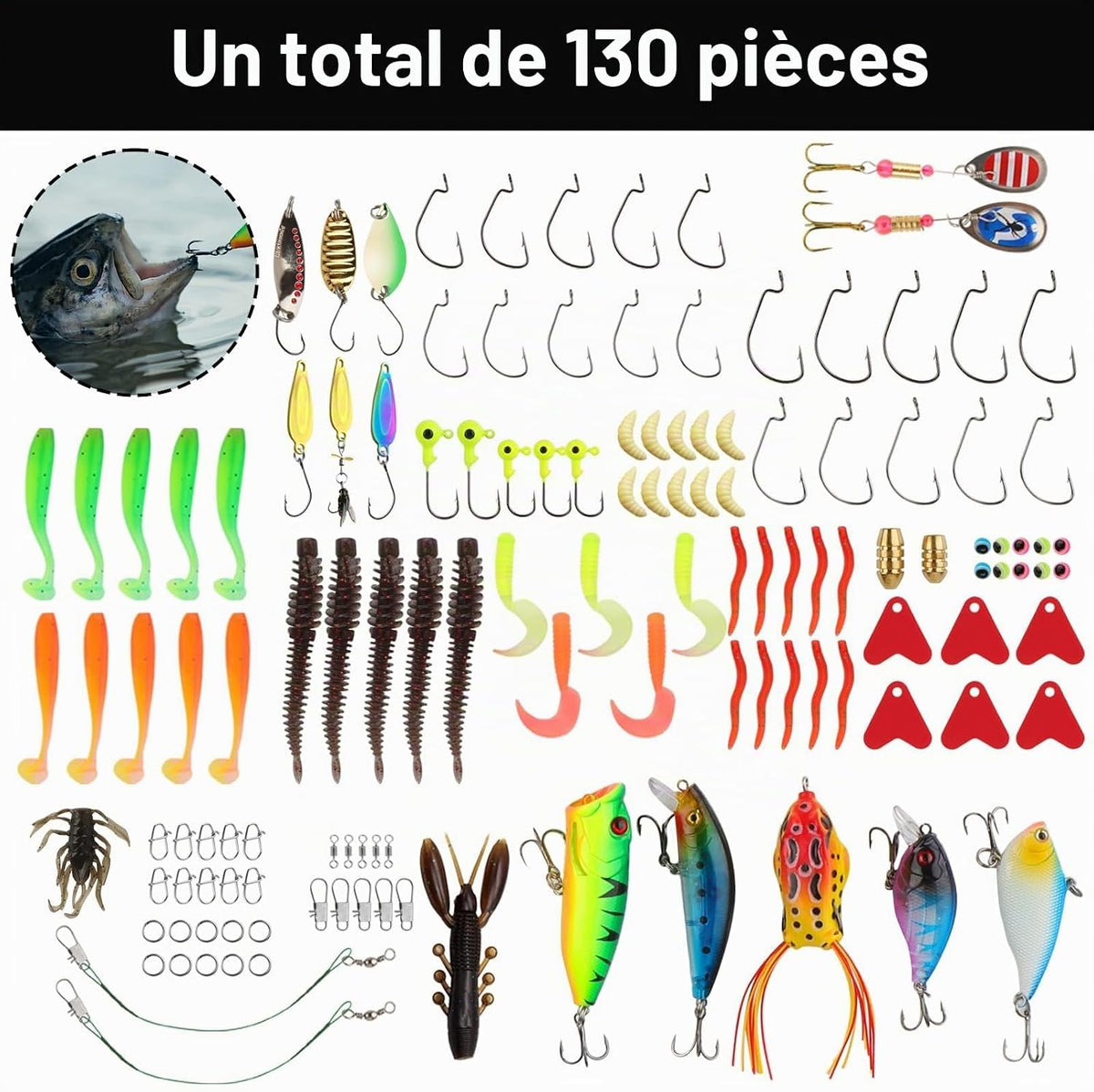 130 pcs Leurres de Pêche Kit avec Boîte Portable Kit d'appâts de Pêche - Spinnerbaits Leurres Popper Plastique vers Souples Pêche Jigs Crochets de Pêche pour brochet, sandre, truite, perche