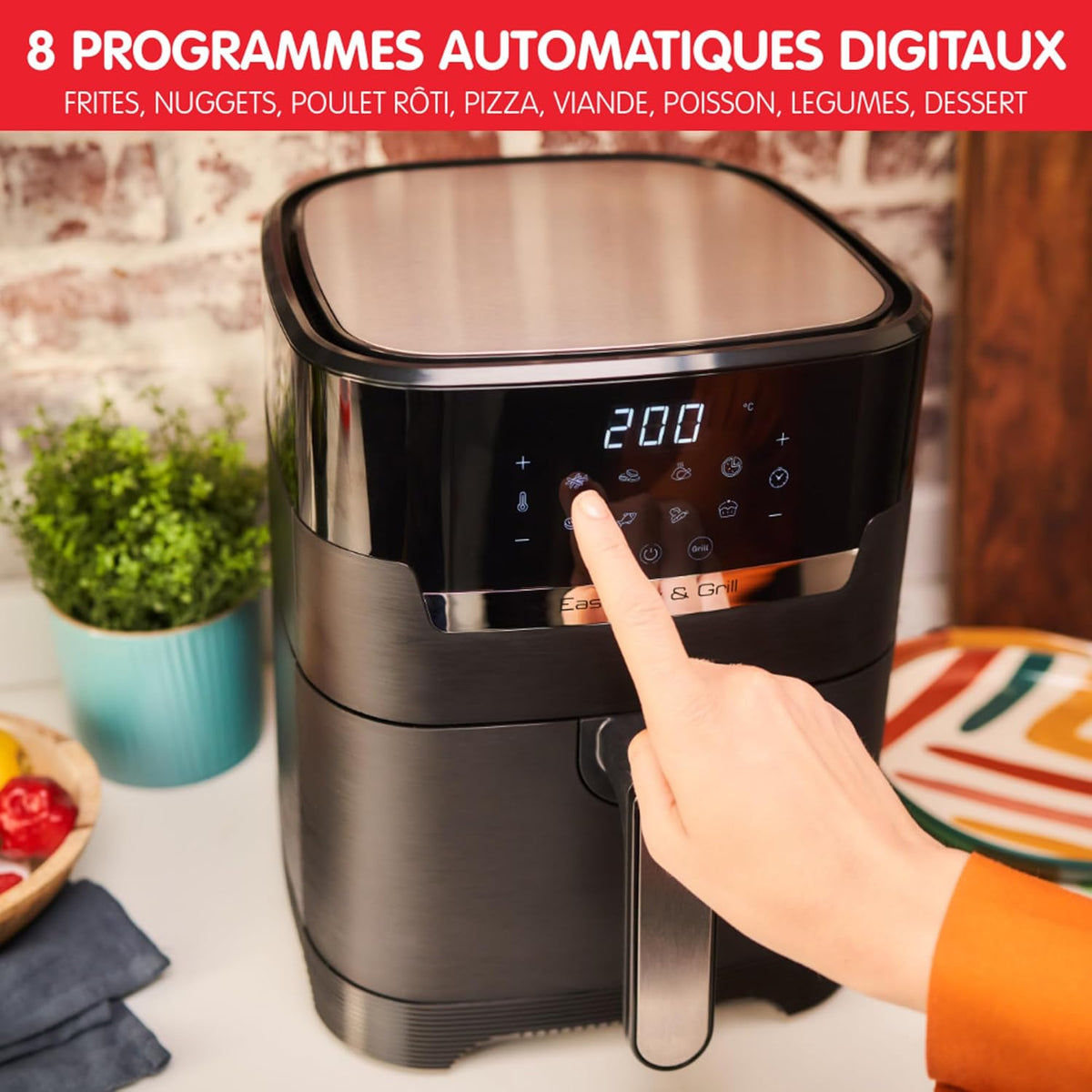 Moulinex Friteuse sans huile + Gril, Capacité XL 4,6L, Jusqu'à 6 personnes, 8 Programmes automatiques, Air Fryer, Ecran tactile digital, Température réglable, Easy Fry & Grill 2en1, EZ505810