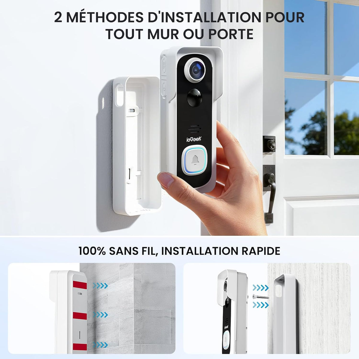 ieGeek 2K Sonnette sans Fil Exterieur Etanche, Sonnette Vidéo avec Caméra Compatible Alexa, Install Facile, Détection IA, IP66 Étanche,Vision Nocturne, Stockage Cloud, WiFi 2,4 GHz Uniquement (Blanc)