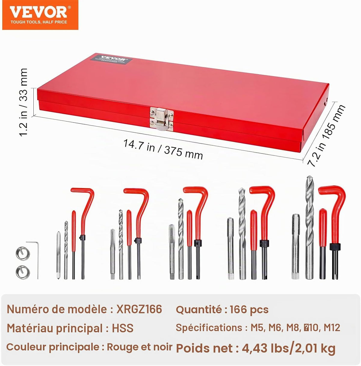 VEVOR Kit de Réparation de Filetage Hélicoïdal 166 Pièces, Outils à Restaurer Les Filetages Abîmes Métrique, M5 M6 M8 M10 M12, avec Forets HSS et Tarauds, pour Mécanicien Garage Réparation Automobile