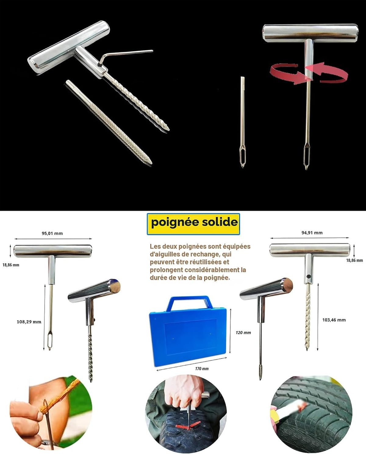 53PCS Kit de Réparation de Pneus, Kit Reparation Pneu Portables Voiture, Kit Meche Pneu Voiture, Kit Crevaison Voiture, Kit Reparation Pneu pour Auto, Motos, VTT, Tracteurs, SUV, Jeep