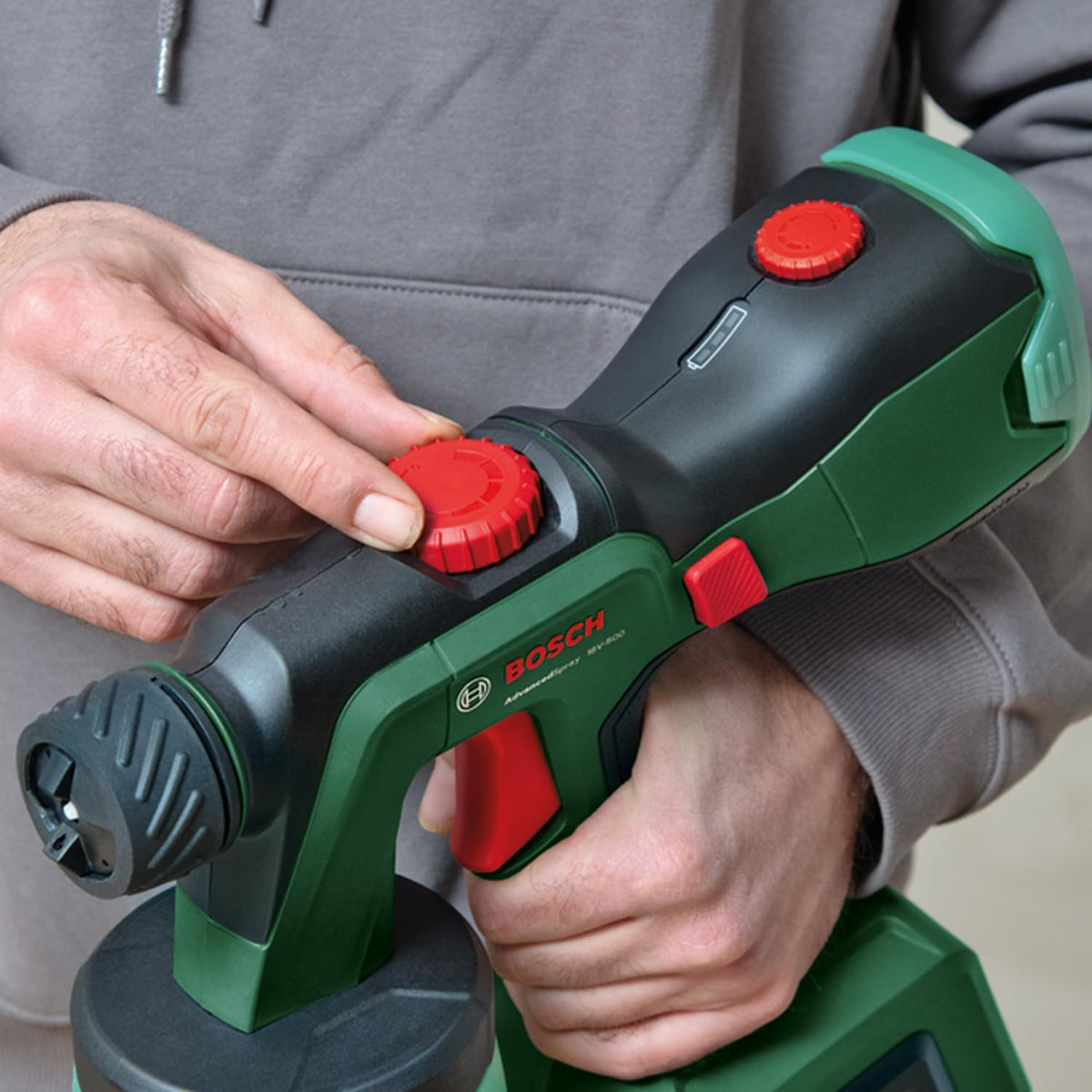 Bosch Pistolet à peinture sans fil AdvancedSpray 18V-500 (laques, vernis, peintures à disp./latex ; 3m²/min ; 2x godets 1 200 ml ; système 18V ; sans batterie)