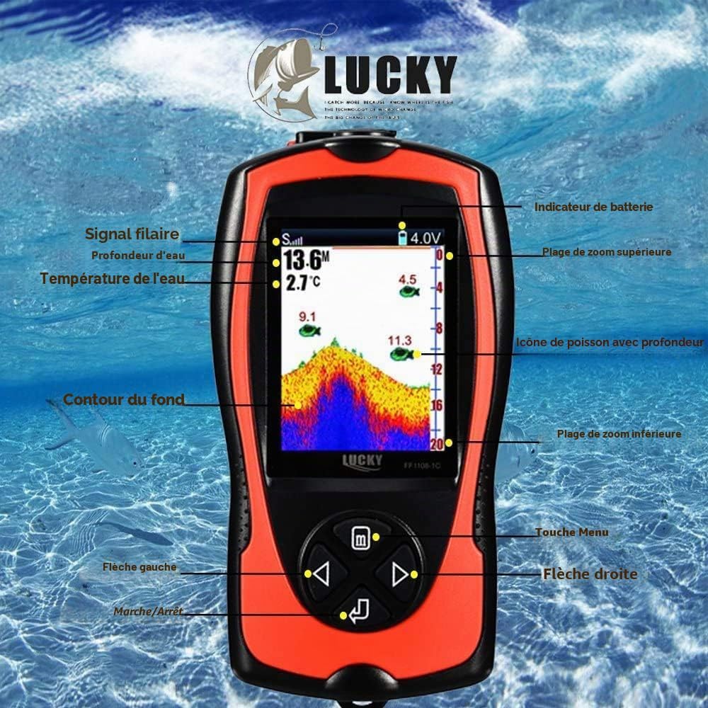 LUCKY Détecteur de Poisson Portable Transducteur Sonar Capteur Détecteur de Profondeur d'eau Écran LCD Sondeur d'écho Sondeur Pêche sur Glace Pêche en mer