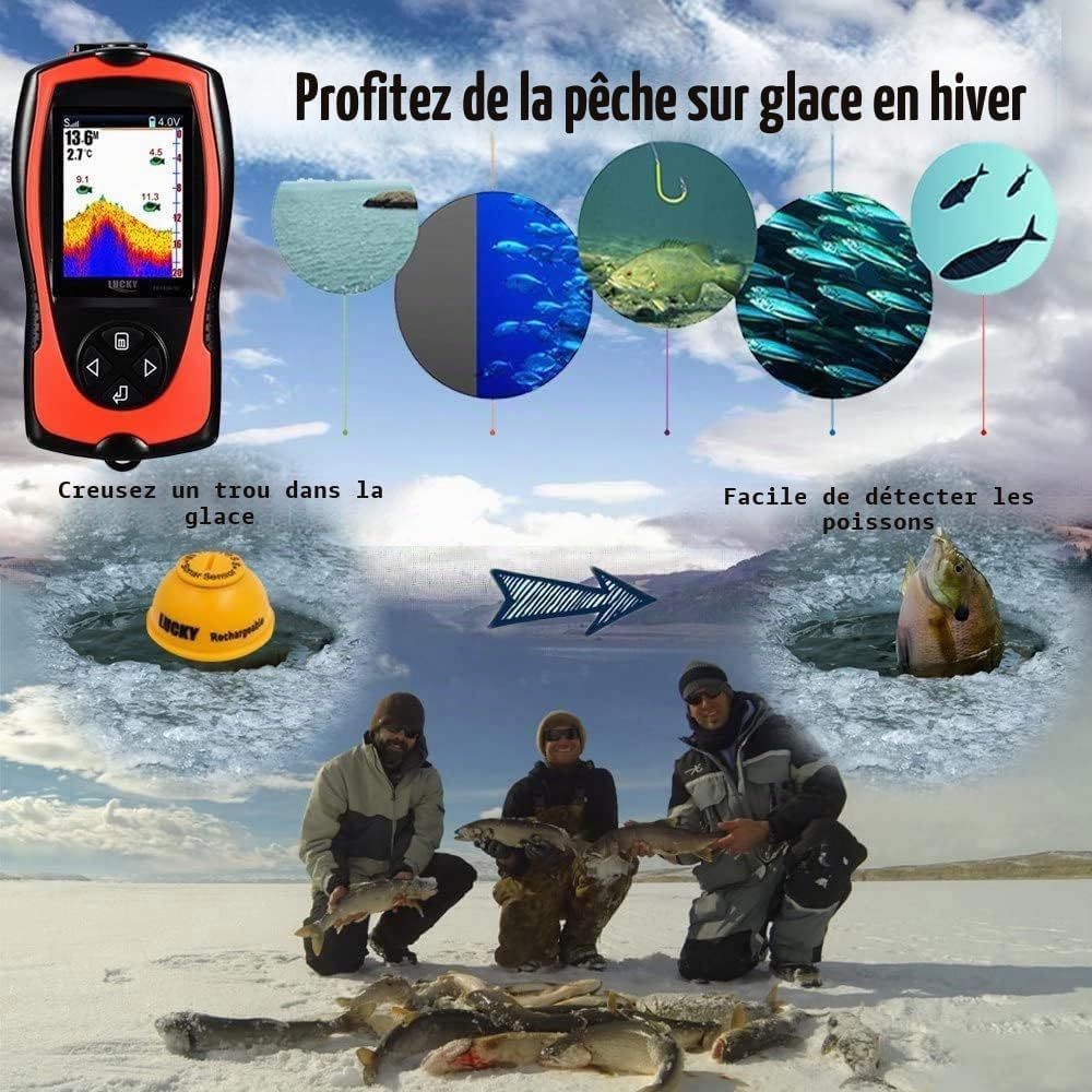 LUCKY Détecteur de Poisson Portable Transducteur Sonar Capteur Détecteur de Profondeur d'eau Écran LCD Sondeur d'écho Sondeur Pêche sur Glace Pêche en mer