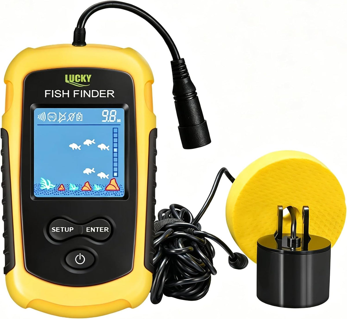 LUCKY Kayak Portatif Sondeur de Poisson Détecteur de Poissons Portatif à Eau Sonar Pouvant être lancé Bateau Kayak Sondeur Transducteur pêche écran LCD FFC1108
