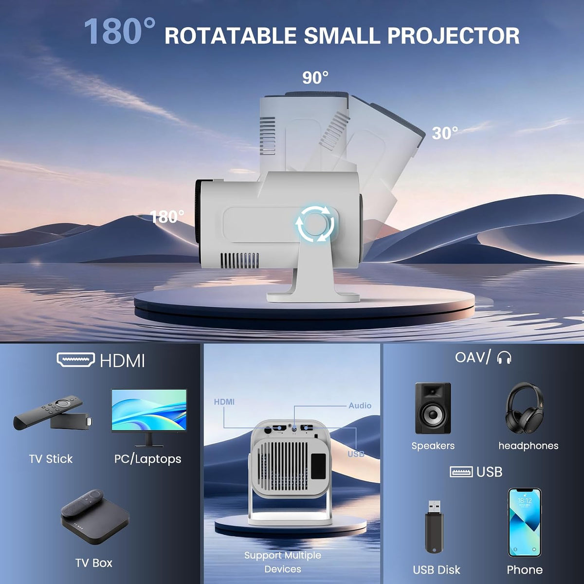 Vidéoprojecteur 4K 1080P WiFi 6 et Bluetooth 5.4 Rotation 180°, Blanc