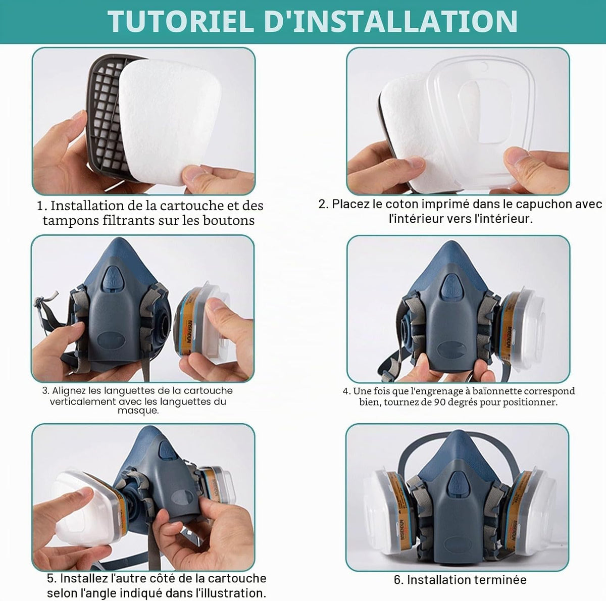 6001 Rechange Filtres de Protection Respiratoire Réutilisable Kit, 60 Cotons Filtrants, pour Filtration Purifier, Face Protection, Compatible 6100/6200 / 7501/7502 / 6502/6800