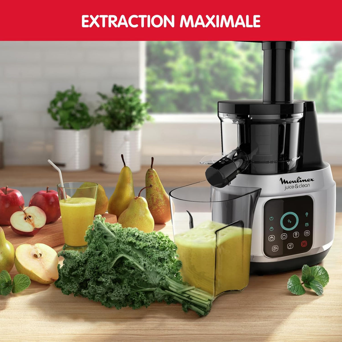 Moulinex - Extracteur de jus Juice & Clean - 150W - Gris | Pressoir à froid pour jus, sorbets et coulis - Technologie EasyClean automatique - 2 vitesses - Pichet 800 ml