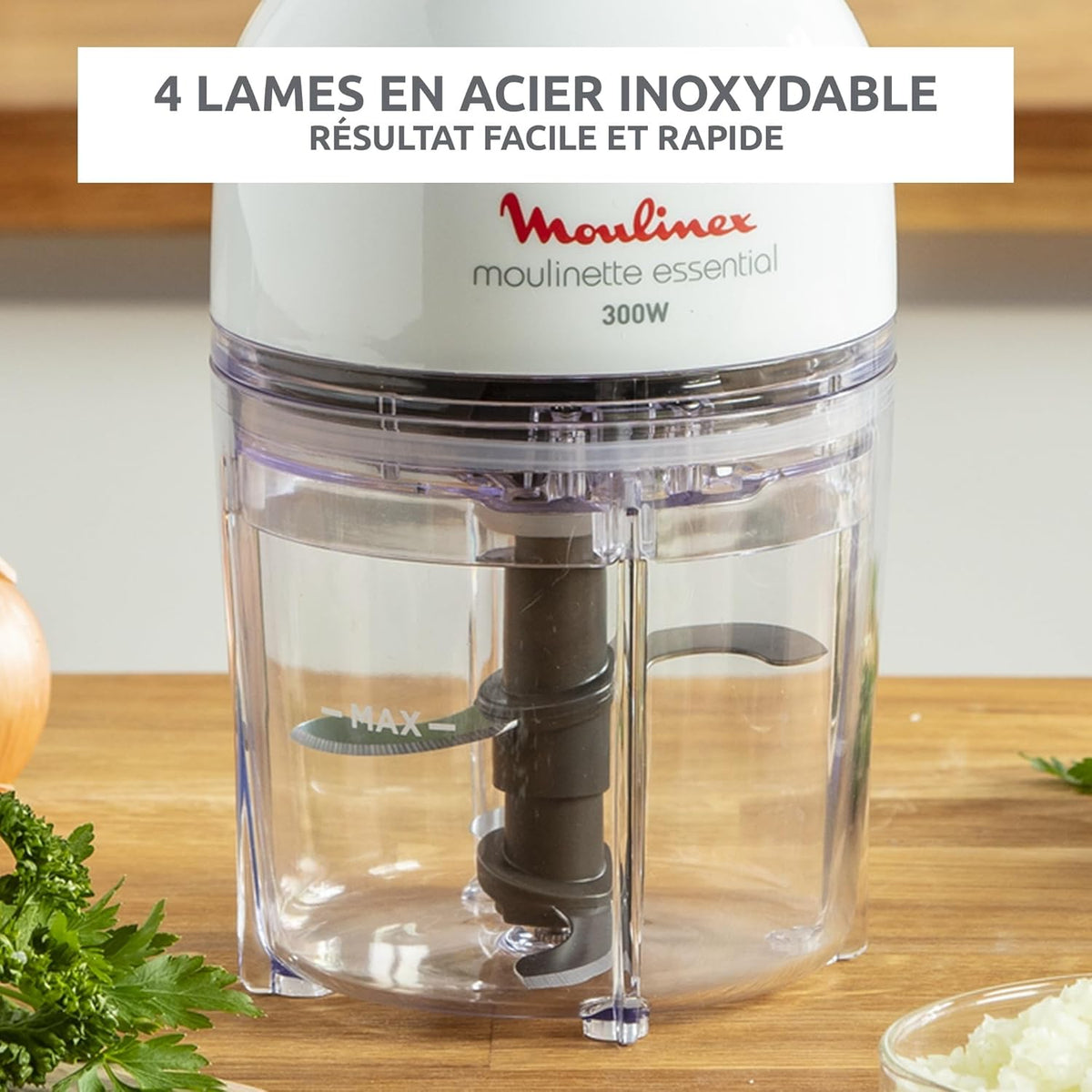 Moulinex Hachoir électrique, 400 ml, 300 W, 4 lames, Fonctions 3-en-1, Emince, Hache, Mixe, Système de pression simple, Moulinette Essential DJ520110, Blanc