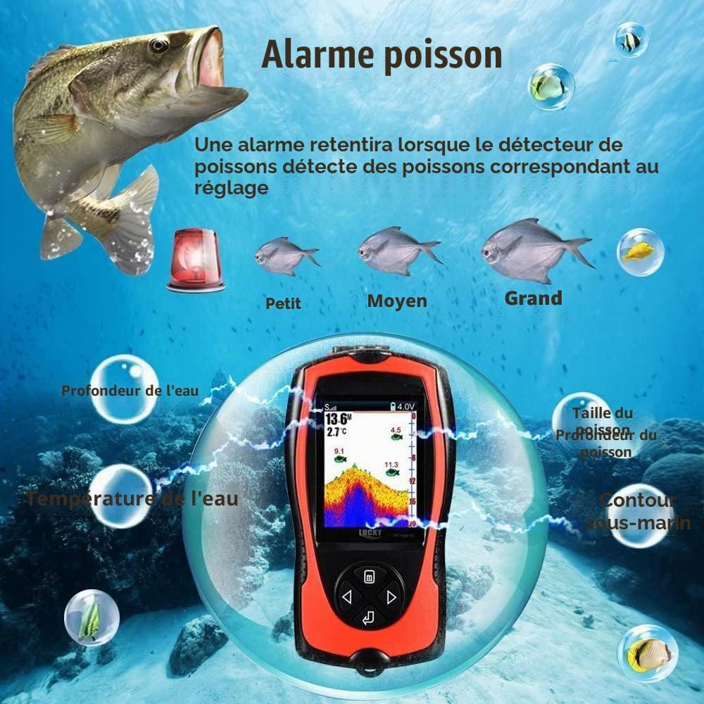 LUCKY Détecteur de Poisson Portable Transducteur Sonar Capteur Détecteur de Profondeur d'eau Écran LCD Sondeur d'écho Sondeur Pêche sur Glace Pêche en mer