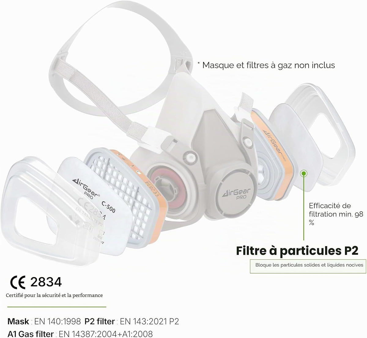 AirGearPro C-500 Lot de 6 Filtres à Poussière P2 pour Masque Respiratoire