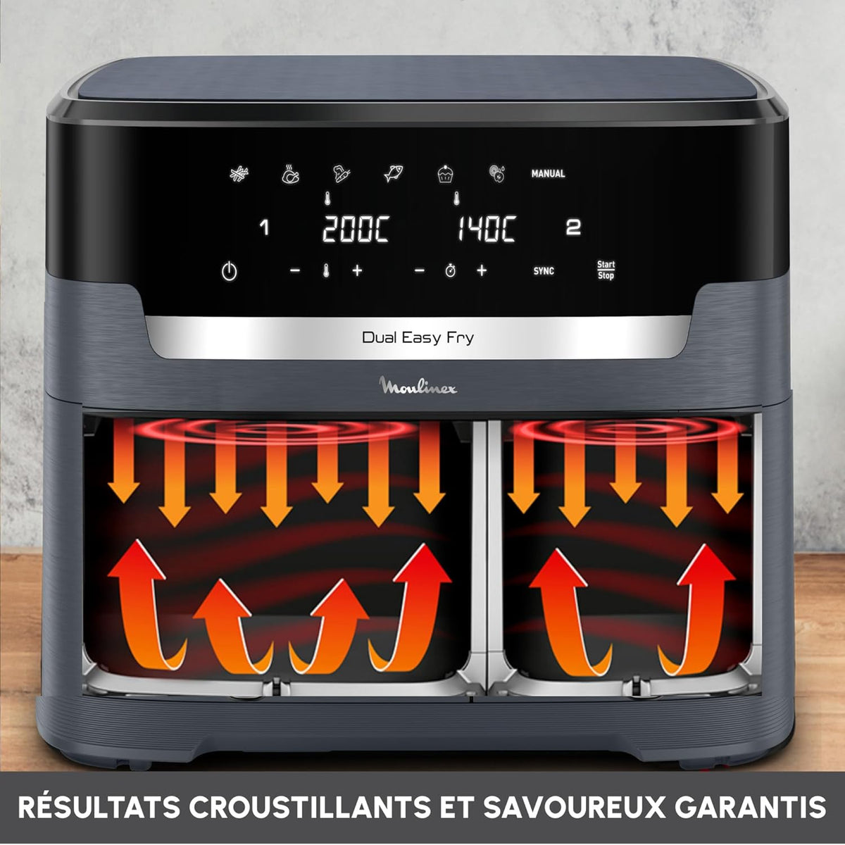 Moulinex Dual Easy Fry XXL, air fryer 2 tiroirs, jusqu'à 10personnes, 7programmes prédéfinis, EZ942BF0, Gris Foncé