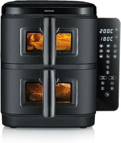 SEVERIN Friteuse à air chaud S-Fry Duo Stack, Air fryer 9 programmes, Friteuse sans huile avec 2 paniers empilés de 5,5 L chacun sans PFAS, Multicuiseur à écran tactile, Noir, FR 9598