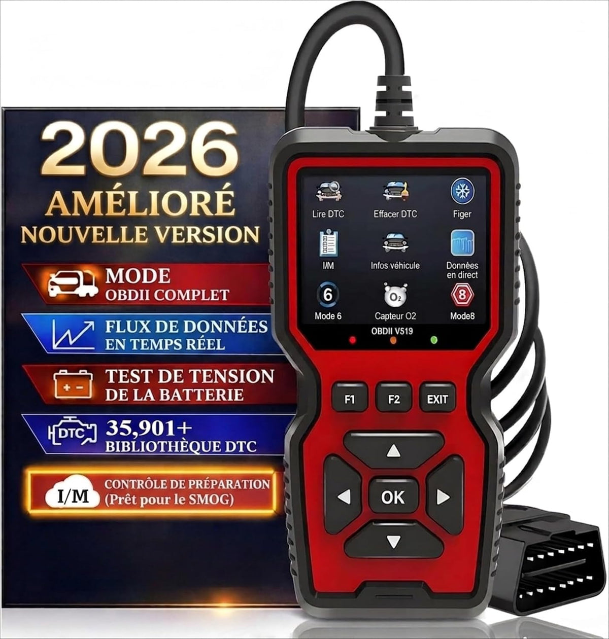 Valise Diagnostic Auto, OBD2 Diagnostic Voiture Multimarque Français, Vérification du Voyant Moteur/Test d'émissions polluantes/Test du capteur O2/EVAP