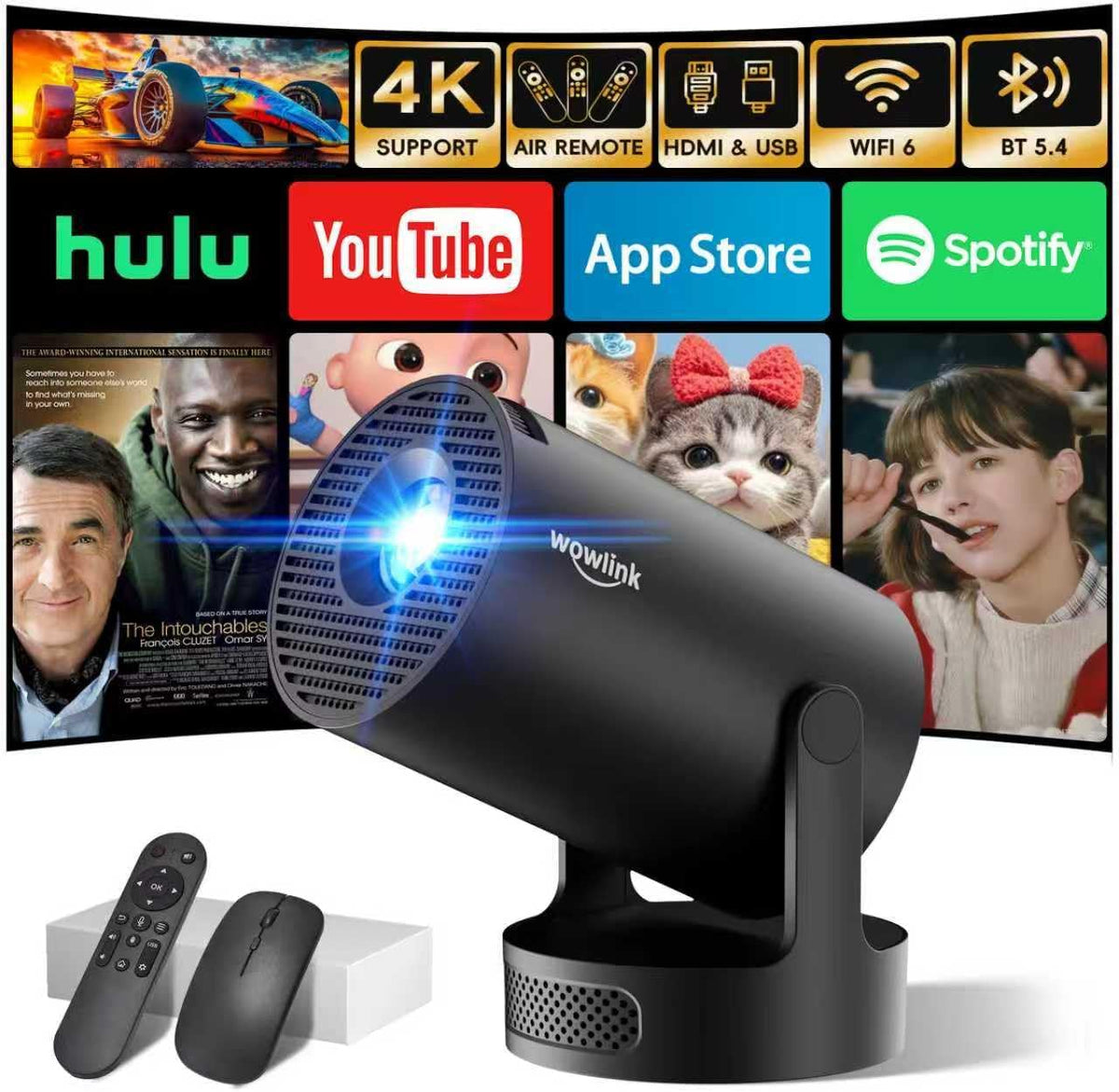 [Apps intégrées & 2026 Upgraded] Vidéoprojecteur avec WiFi 6 et Bluetooth | 4K 1080P Auto Keystone Rotation 180° Compatibile avec HDMI/TV