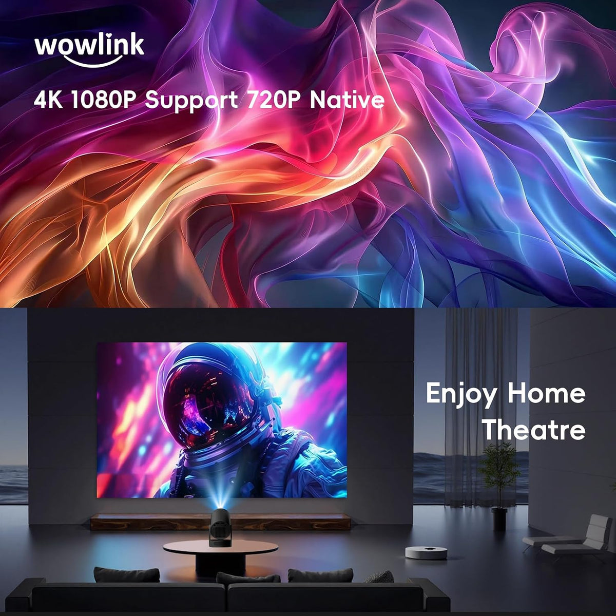 [Apps intégrées & 2026 Upgraded] Vidéoprojecteur avec WiFi 6 et Bluetooth | 4K 1080P Auto Keystone Rotation 180° Compatibile avec HDMI/TV
