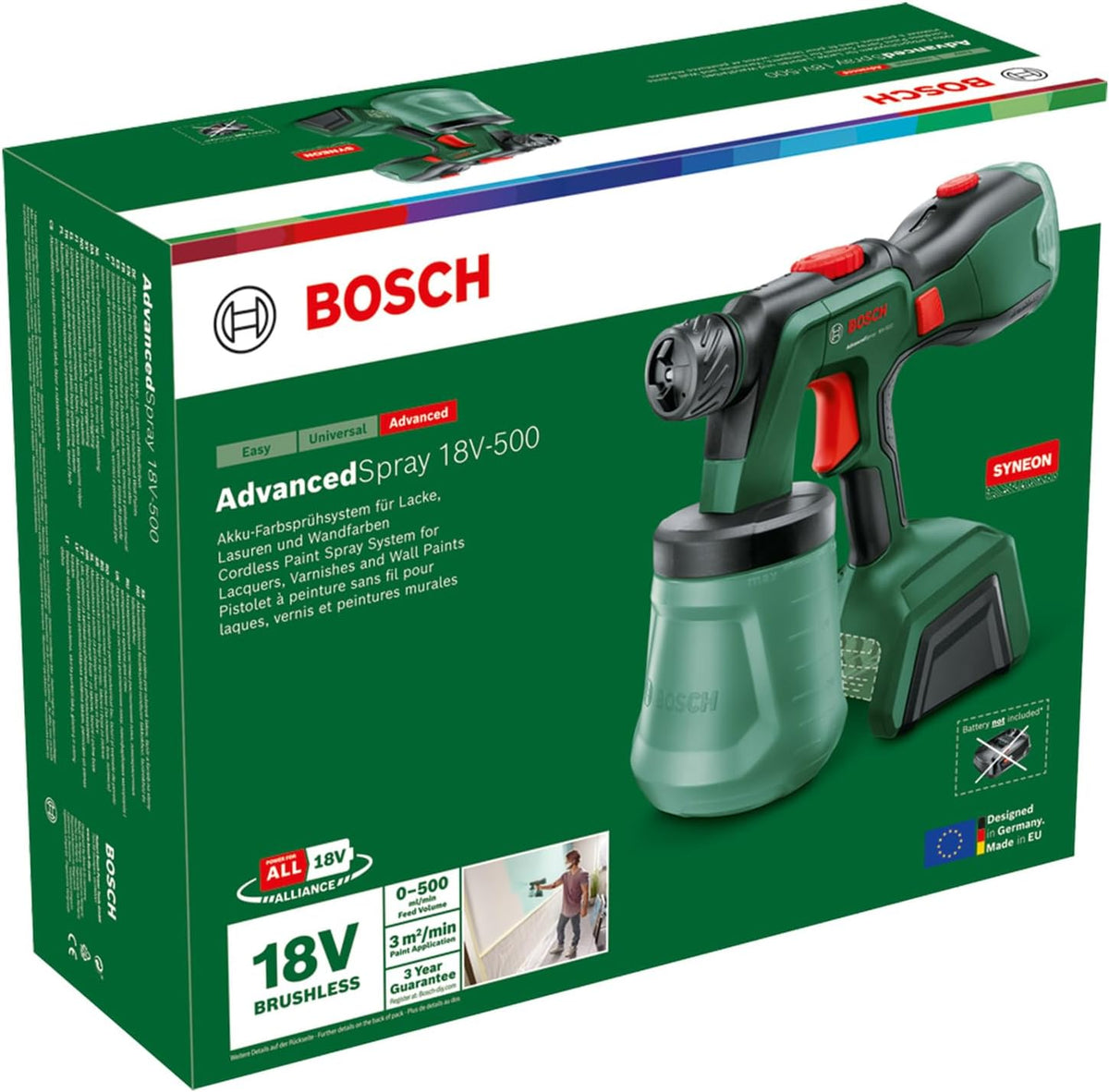 Bosch Pistolet à peinture sans fil AdvancedSpray 18V-500 (laques, vernis, peintures à disp./latex ; 3m²/min ; 2x godets 1 200 ml ; système 18V ; sans batterie)