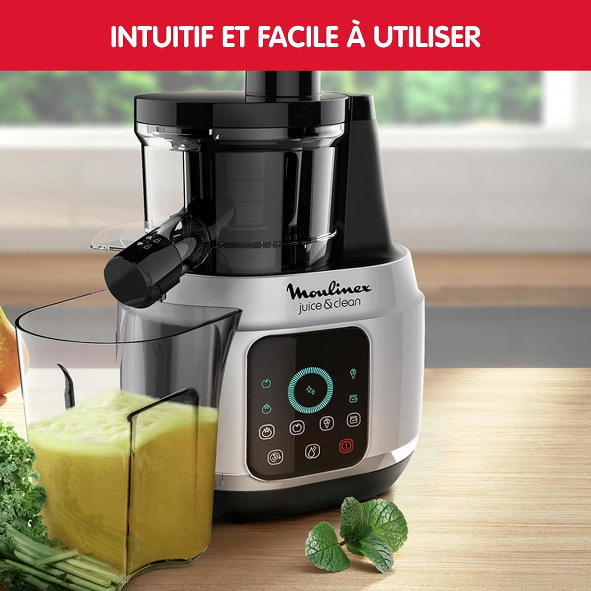 Moulinex - Extracteur de jus Juice & Clean - 150W - Gris | Pressoir à froid pour jus, sorbets et coulis - Technologie EasyClean automatique - 2 vitesses - Pichet 800 ml