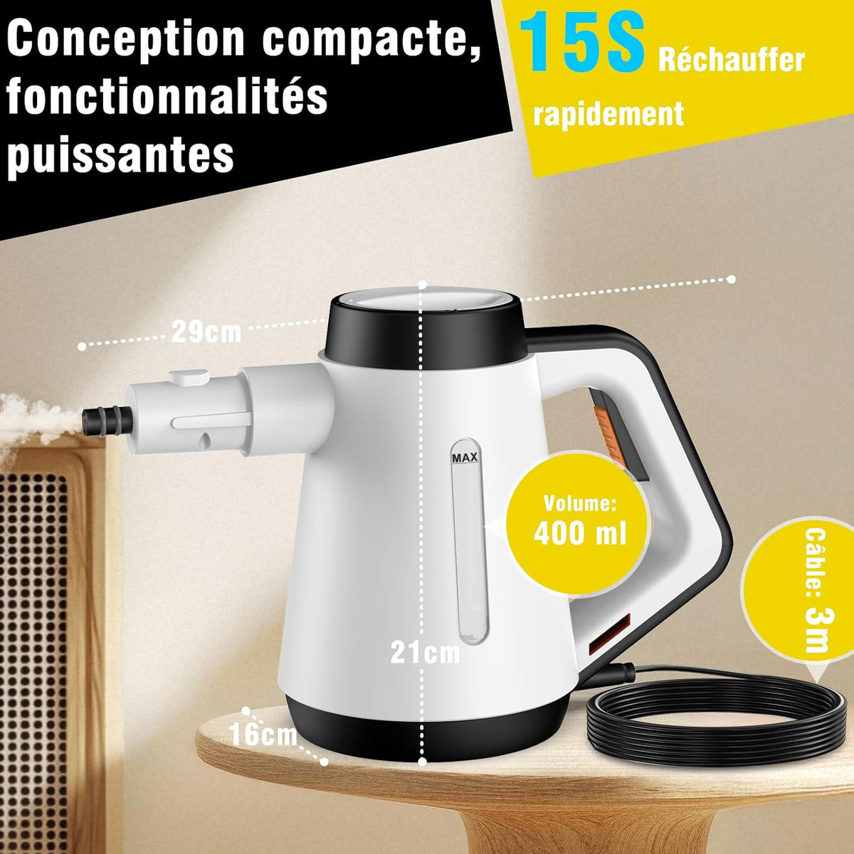 Fippesax 1200W Nettoyeur à vapeur portatif pressurisé 400ml, Chauffage instantané 15S avec 9pcs Accessoires