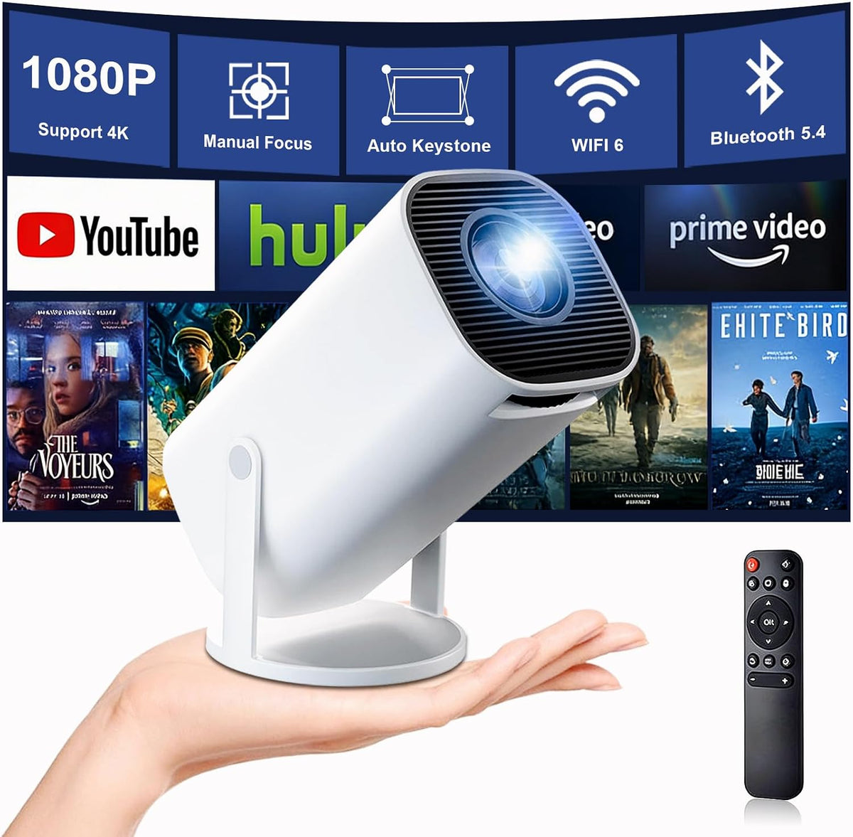 Mini videoprojecteur 4K Full HD 1080p, WiFi 6 et Bluetooth 5.4,Retroprojecteur avec Auto Keystone Rotation 180°, Compatibile avec HDMI/TV Stick/Laptop