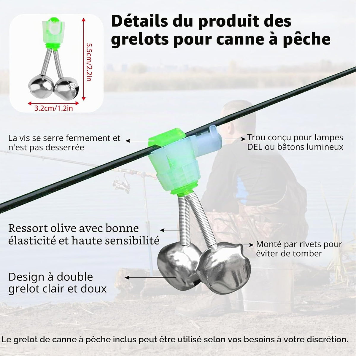 Alarme de Pêche Détecteurs de Touche électroniques Sensible de Canne à Pêche avec Indicateur Lumineux LED & Pêche Cloche et Son d'Alarme Réglable pour Pêche Nuit Maritime Nocturne