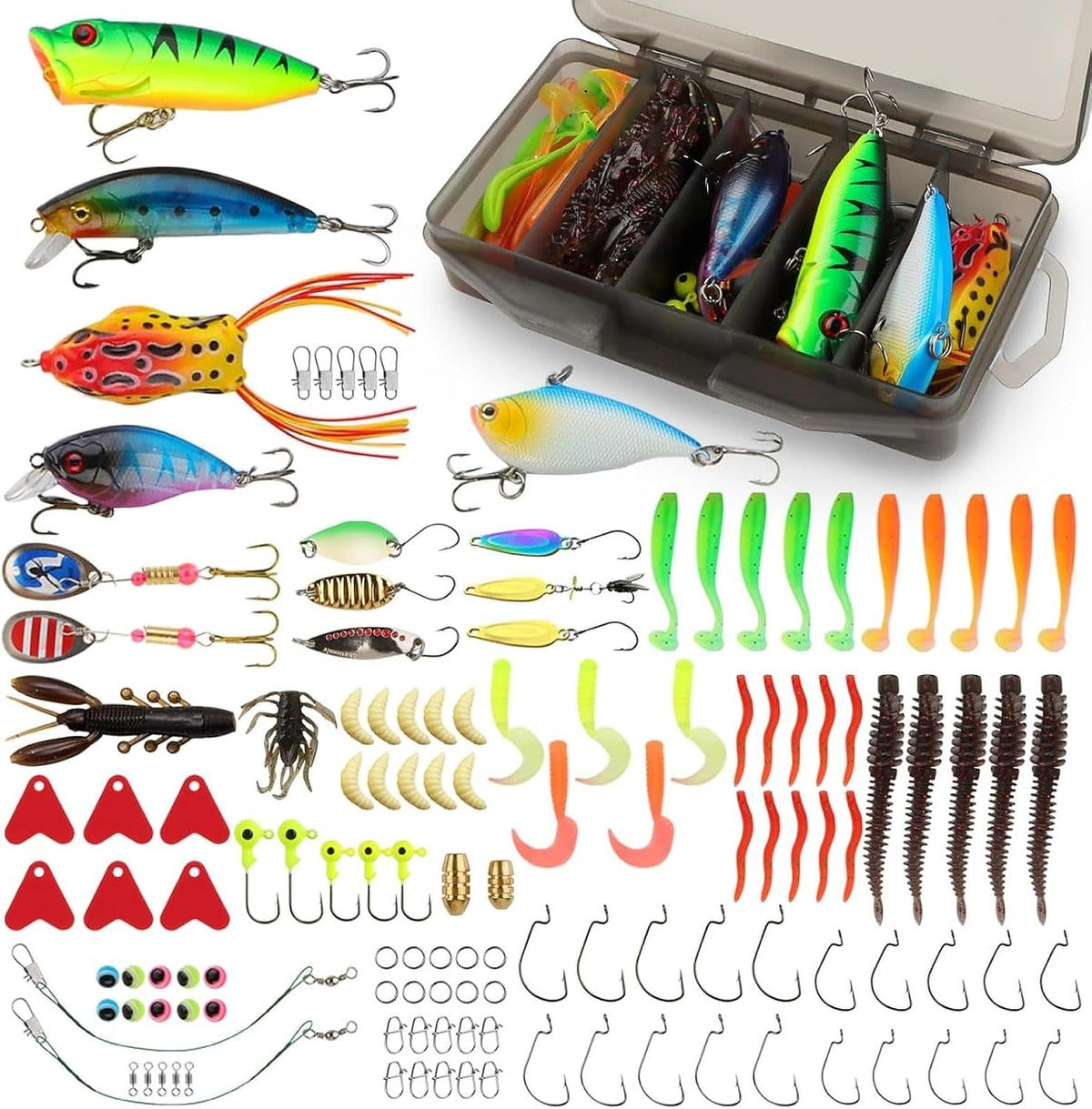 130 pcs Leurres de Pêche Kit avec Boîte Portable Kit d'appâts de Pêche - Spinnerbaits Leurres Popper Plastique vers Souples Pêche Jigs Crochets de Pêche pour brochet, sandre, truite, perche