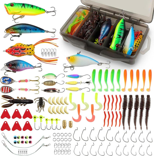 130 pcs Leurres de Pêche Kit avec Boîte Portable Kit d'appâts de Pêche - Spinnerbaits Leurres Popper Plastique vers Souples Pêche Jigs Crochets de Pêche pour brochet, sandre, truite, perche