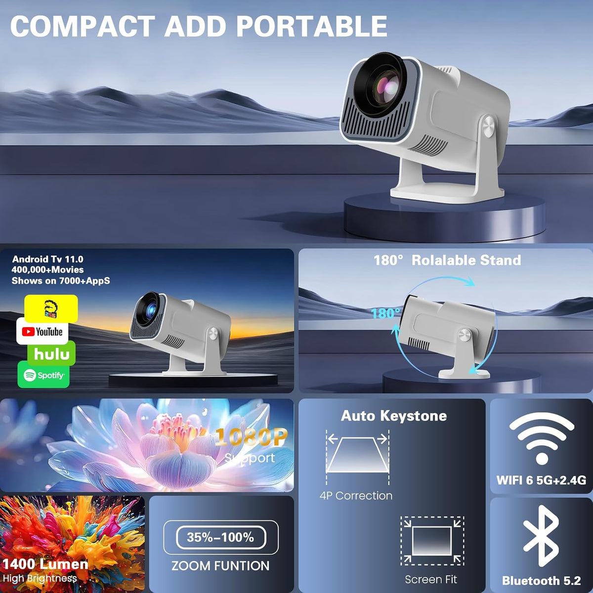 Vidéoprojecteur 4K 1080P WiFi 6 et Bluetooth 5.4 Rotation 180°, Blanc