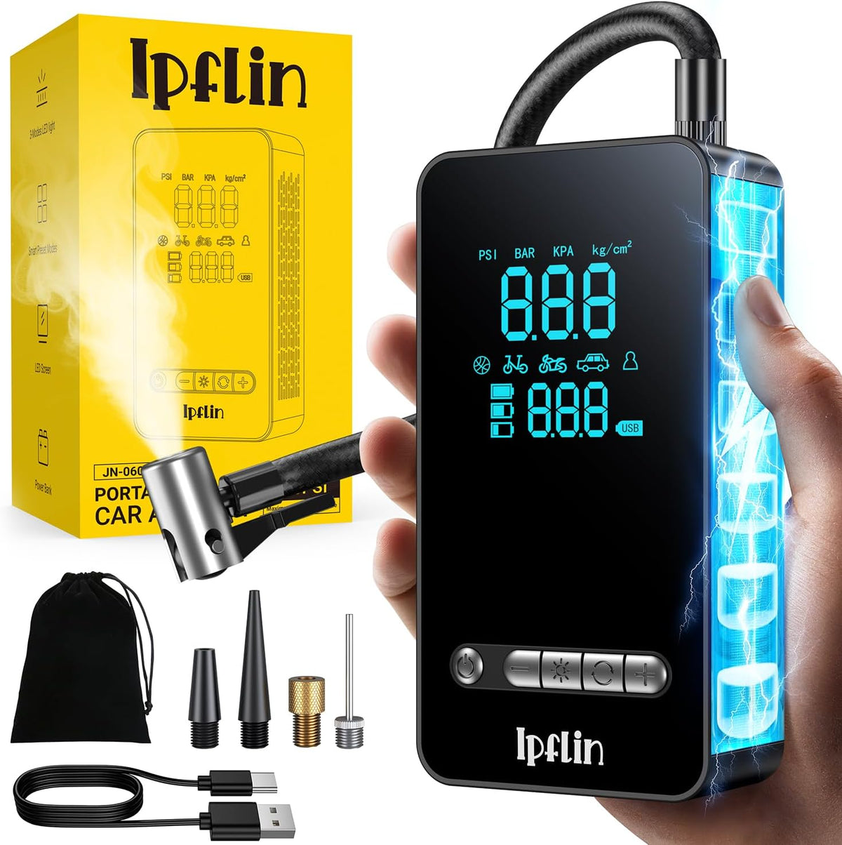 Gonfleur Pneus Voiture Sans Fil - Compresseur à Air Portatif 150 PSI, avec LED/Port C USB, Batterie Rechargeable, Inflation Rapide, Arrêt Automatique, Compresseur Voiture/Vélo/Moto