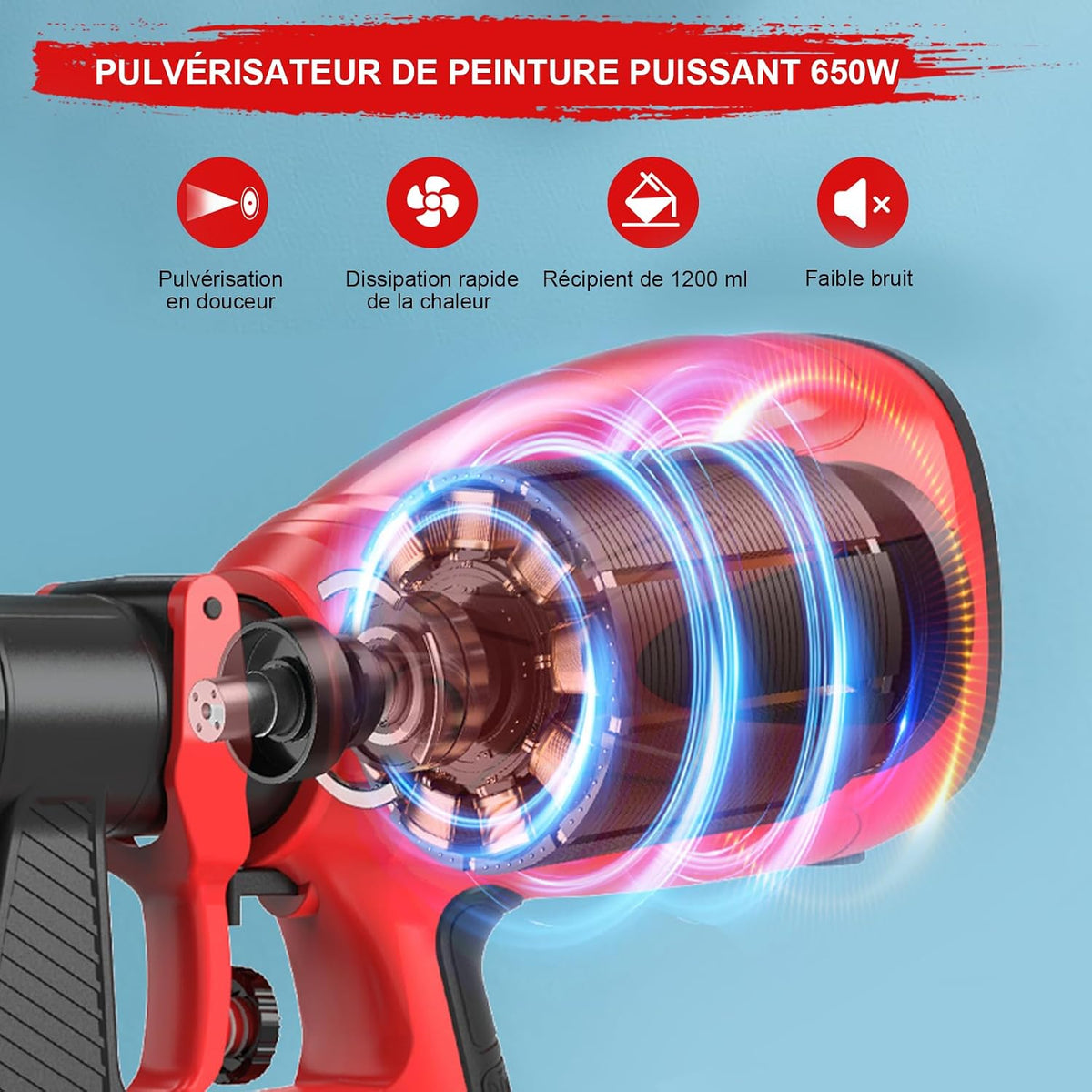 Pistolet à Peinture Électrique 650W, Pulvérisateur Filaire 1200ml