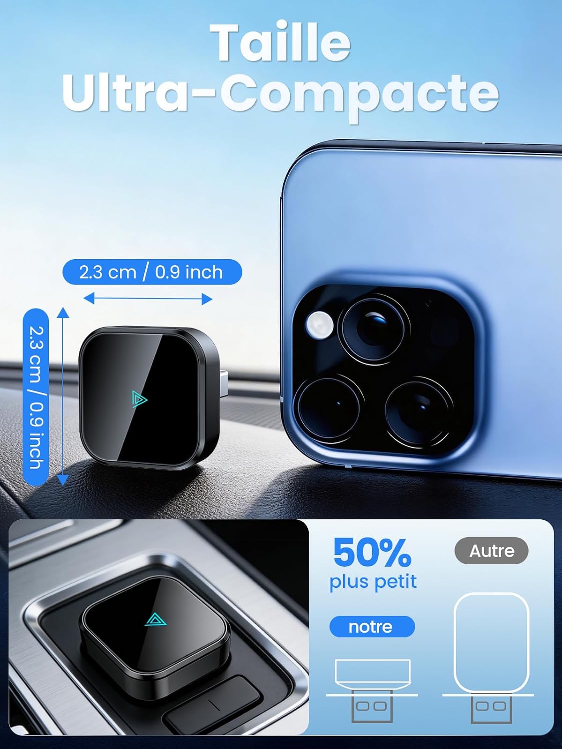 D1 Adaptateur CarPlay sans fil pour iOS, Conversion de CarPlay filaire en CarPlay sans fil, Plug & Play avec USB/Type-C, mini et stable, compatible avec iOS 10+ et les véhicules à partir de 2016