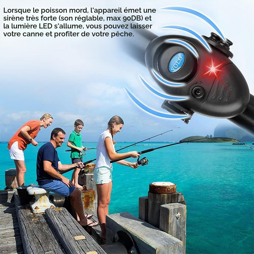 Alarme de Pêche Détecteurs de Touche électroniques Sensible de Canne à Pêche avec Indicateur Lumineux LED & Pêche Cloche et Son d'Alarme Réglable pour Pêche Nuit Maritime Nocturne