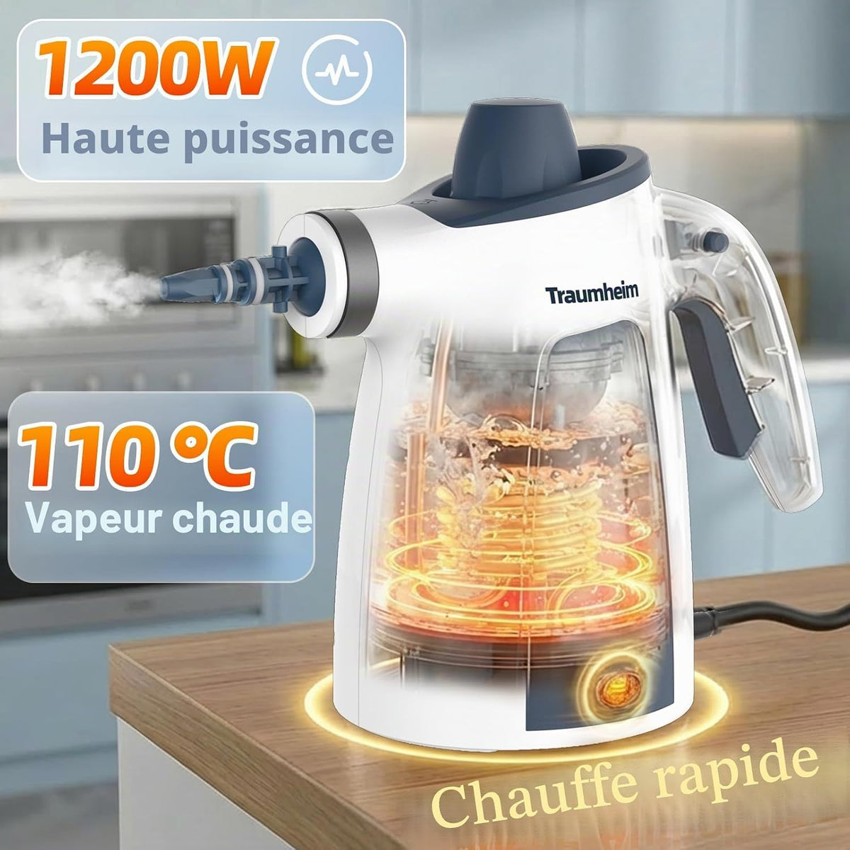 Nettoyeur vapeur, multifonction avec kit d’accessoires de 14 pièces, pression de vapeur de 3 bars, 350 ml, 1200 W, pour le nettoyage de la cuisine, des sols, des carreaux et des canapés.