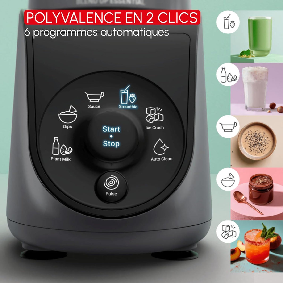 Moulinex Blend Up Essential, Mini blender, 800 W, 6 programmes automatiques, Glace pilée, Nettoyage automatique, Gris foncé, LM1EHBF0