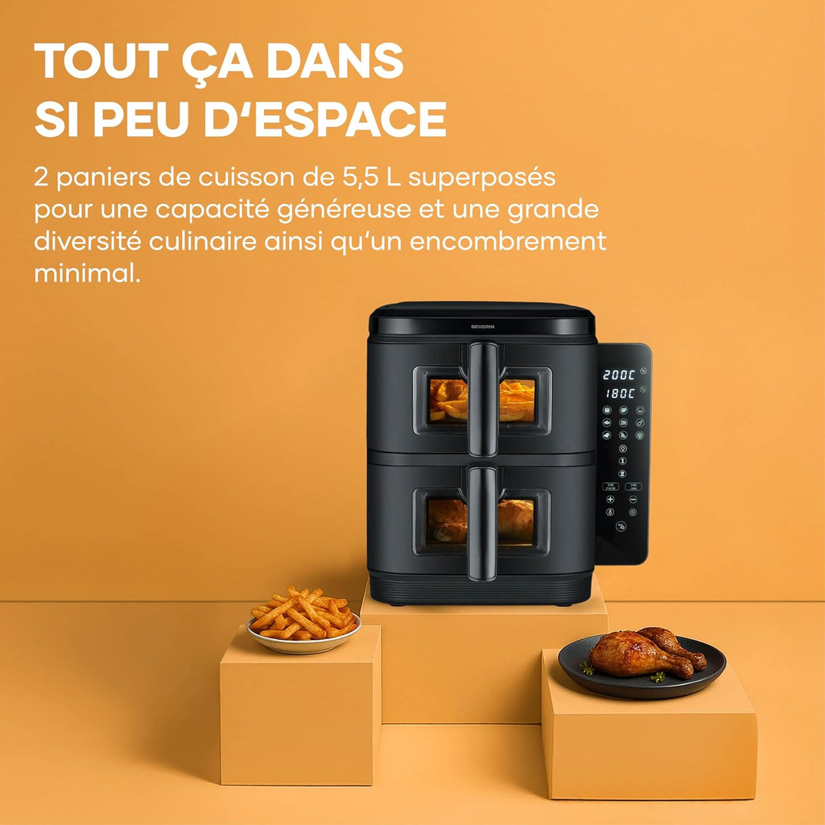 SEVERIN Friteuse à air chaud S-Fry Duo Stack, Air fryer 9 programmes, Friteuse sans huile avec 2 paniers empilés de 5,5 L chacun sans PFAS, Multicuiseur à écran tactile, Noir, FR 9598