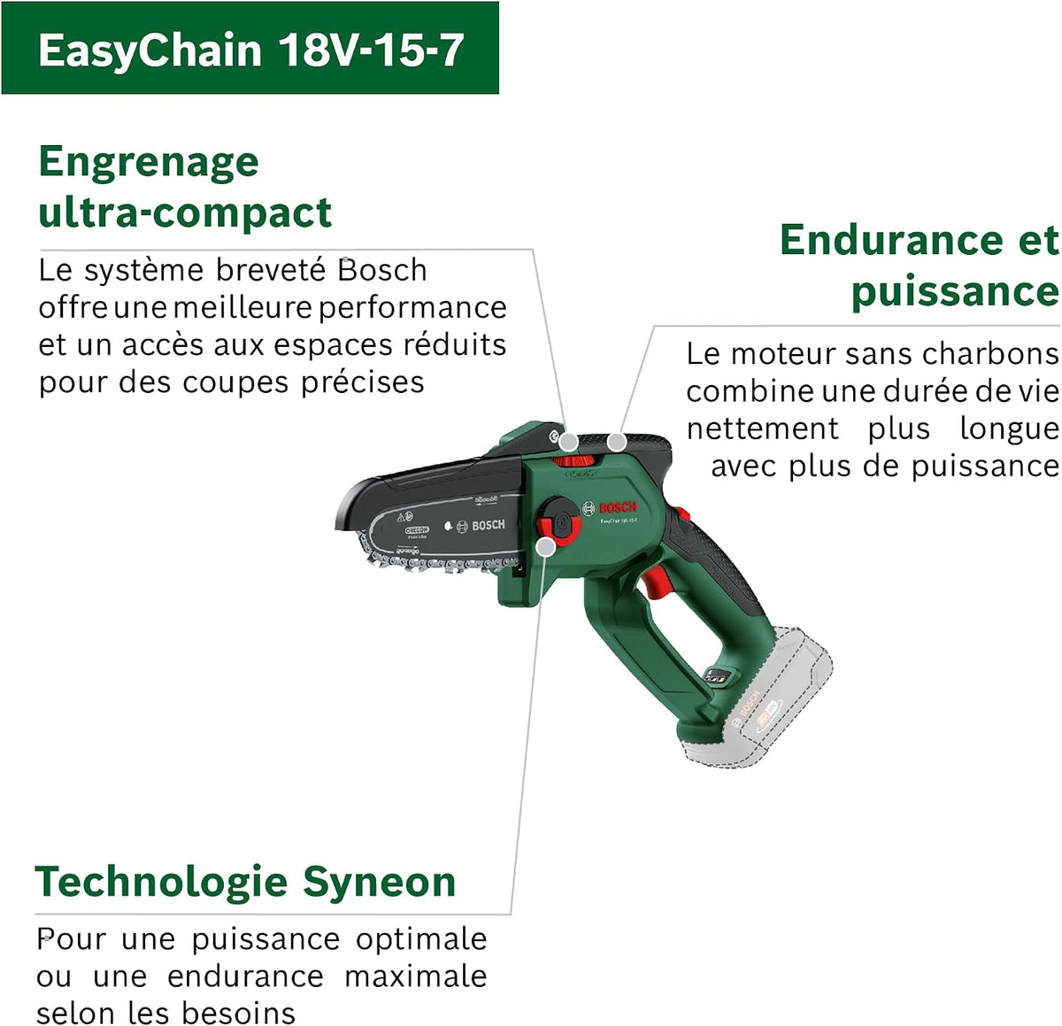 Bosch Élagueur sans fil compact/mini EasyChain 18V-15-7 (pour couper le bois ; système 18 V ; vitesse de la chaîne : 6,95 m/s ; sans batterie)