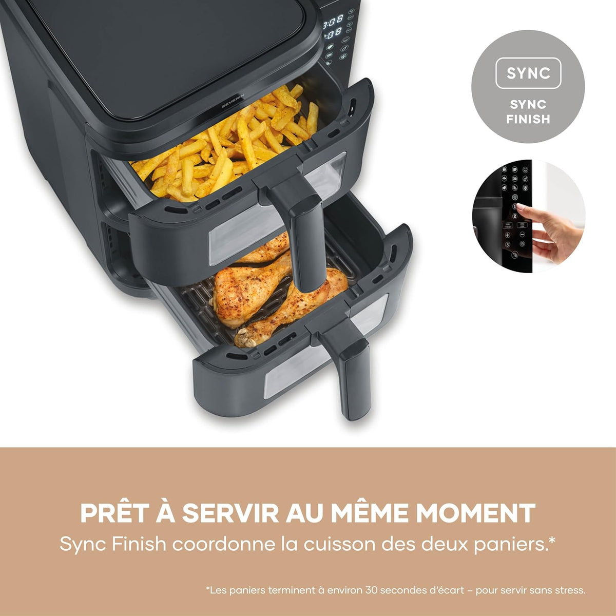 SEVERIN Friteuse à air chaud S-Fry Duo Stack, Air fryer 9 programmes, Friteuse sans huile avec 2 paniers empilés de 5,5 L chacun sans PFAS, Multicuiseur à écran tactile, Noir, FR 9598