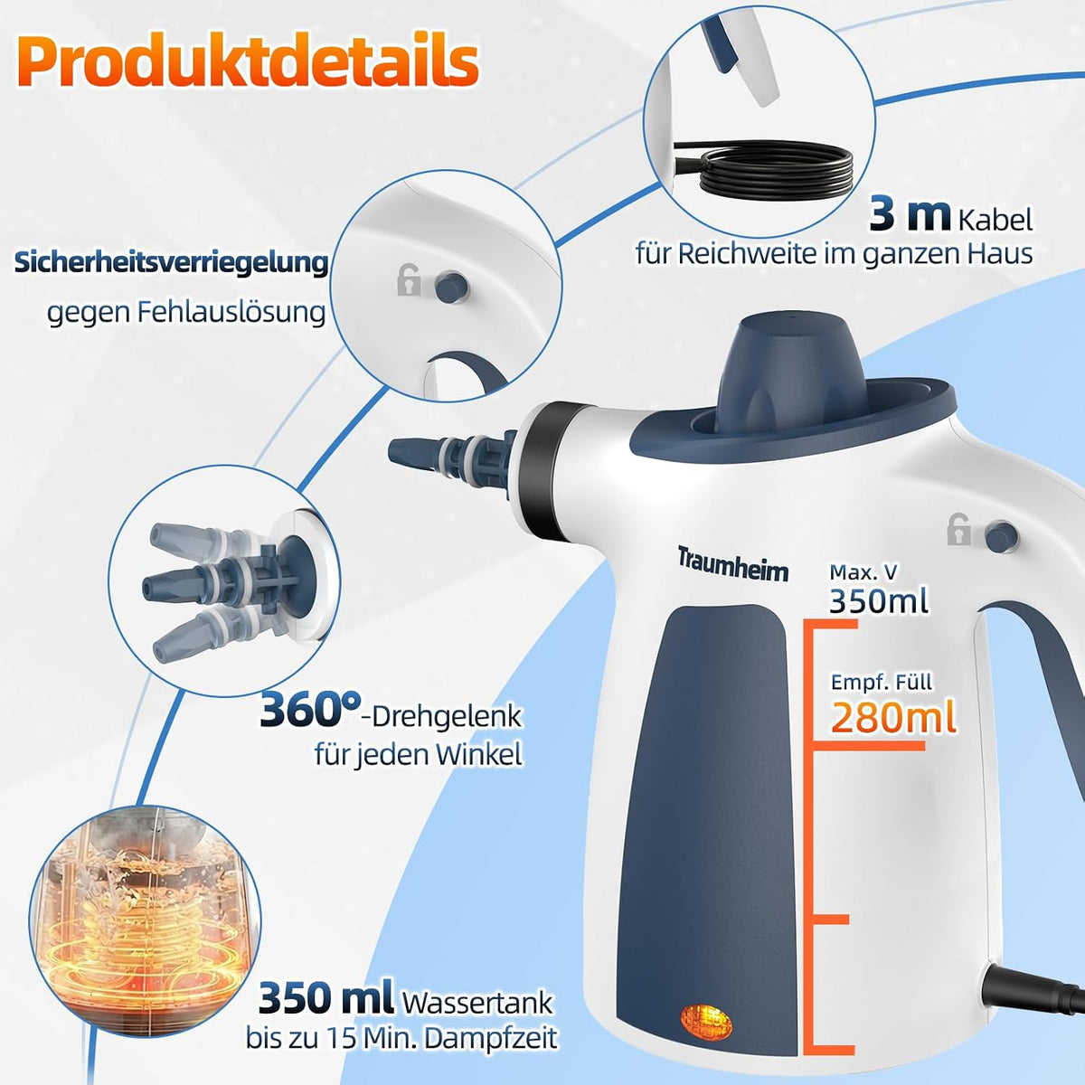 Nettoyeur vapeur, multifonction avec kit d’accessoires de 14 pièces, pression de vapeur de 3 bars, 350 ml, 1200 W, pour le nettoyage de la cuisine, des sols, des carreaux et des canapés.