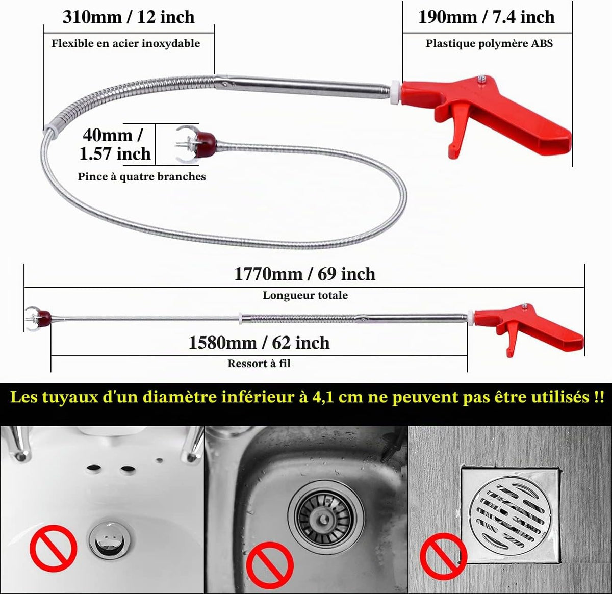 Furet Déboucheur Canalisation WC 1.8m - Déboucheur toilette à manivelle avec Griffe D'aigle - Anti-rayures - Débouchage Serpent de plombier idéal pour éliminer débris & sabots cheveux drains