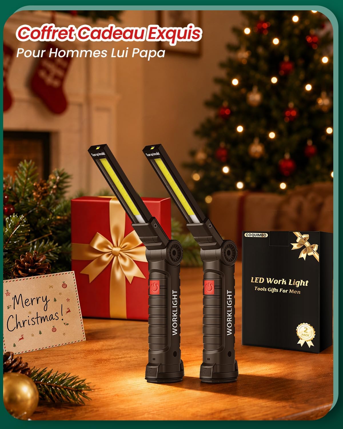 Lot de 2 lampes de Poche COB Torche avec Base Magnétique, 5 Modes Lampe LED Rechargeable pour Garage, Camping et Urgences,