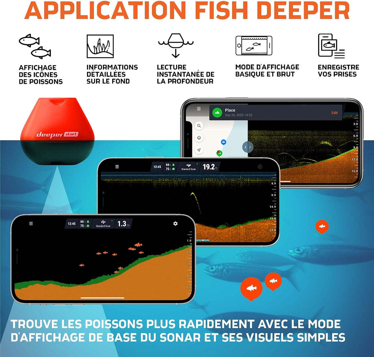 Deeper START Sondeur de Pêche, Détecteur de Poissons et Profondeur Portable, Sans Fil, Pour la Pêche, Fonctionne Avec Téléphones Portables (App Gratuite)