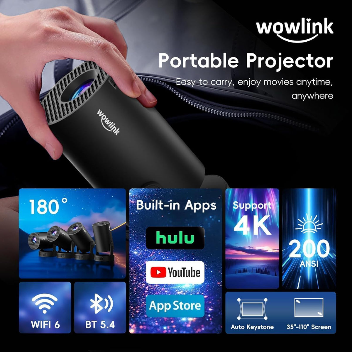 [Apps intégrées & 2026 Upgraded] Vidéoprojecteur avec WiFi 6 et Bluetooth | 4K 1080P Auto Keystone Rotation 180° Compatibile avec HDMI/TV