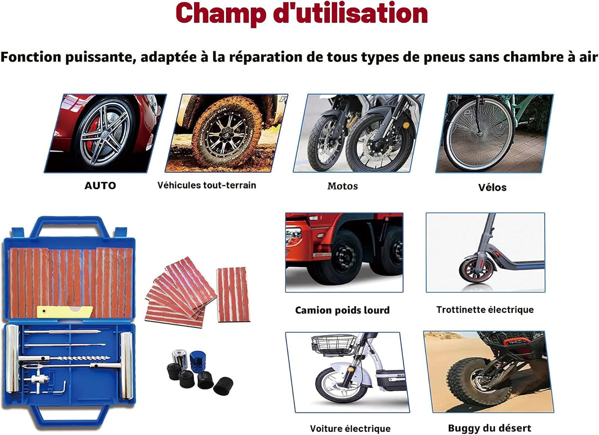 53PCS Kit de Réparation de Pneus, Kit Reparation Pneu Portables Voiture, Kit Meche Pneu Voiture, Kit Crevaison Voiture, Kit Reparation Pneu pour Auto, Motos, VTT, Tracteurs, SUV, Jeep