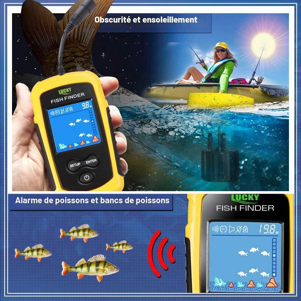LUCKY Kayak Portatif Sondeur de Poisson Détecteur de Poissons Portatif à Eau Sonar Pouvant être lancé Bateau Kayak Sondeur Transducteur pêche écran LCD FFC1108