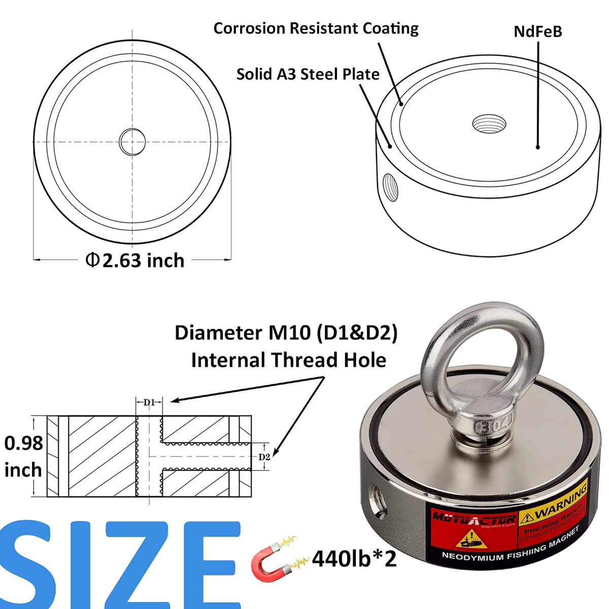 Aimant Neodyme Super Puissant Combine 400KG Force de Traction Avec 20M Robuste Corde, pêche magnétique
