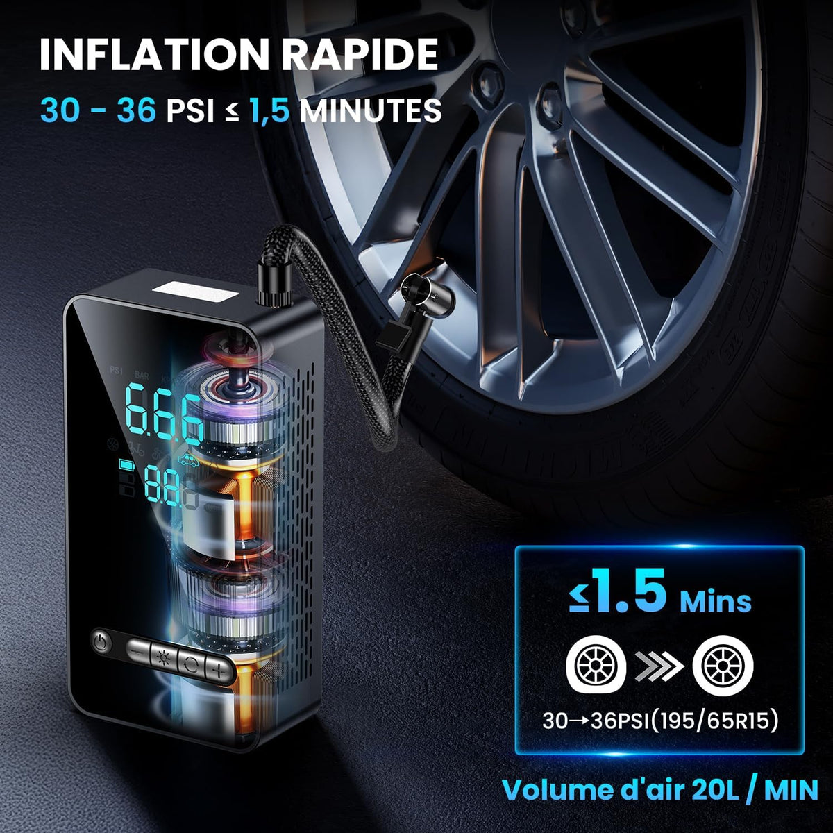 Gonfleur Pneus Voiture Sans Fil - Compresseur à Air Portatif 150 PSI, avec LED/Port C USB, Batterie Rechargeable, Inflation Rapide, Arrêt Automatique, Compresseur Voiture/Vélo/Moto